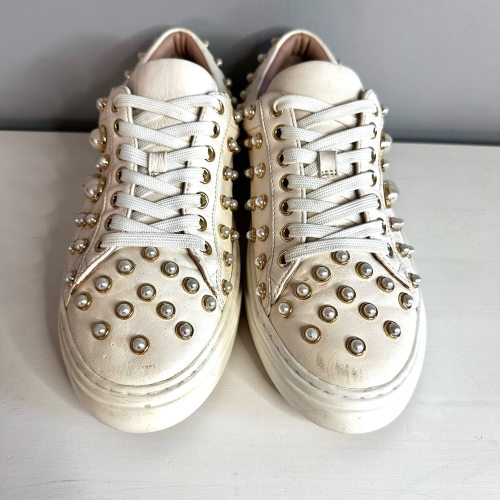 Stuart Weitzman - Pearline Sneakers, Cream, Pearl-Embellished, Laces, Size 7